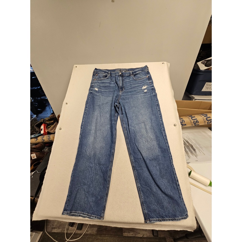 American Eagle Super High Rise Baggy Straight Jeans Blue Distressed Size 20 Long